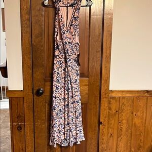 BCBG Pink and Navy Floral Wrap-Style Midi Dress